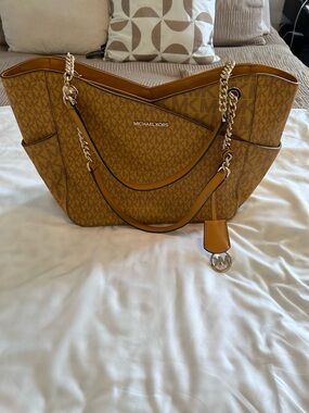 Michael Kors Mustard MK Logo Tote with Gold Chain Straps